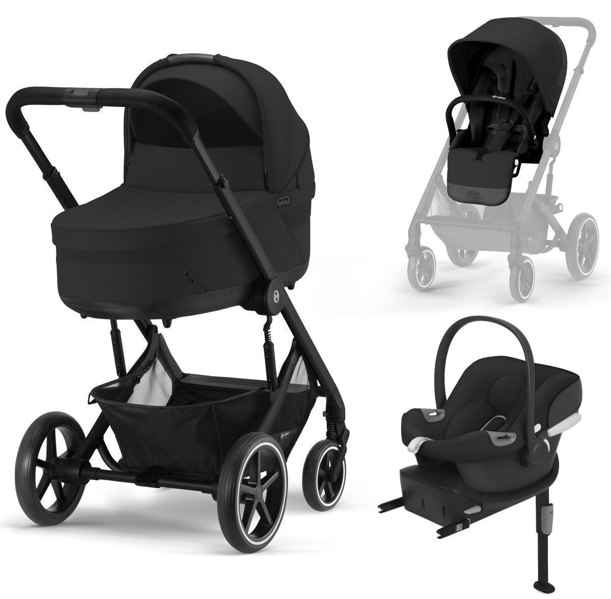 Коляска 3 в 1 Cybex Balios S Lux BLK и автокресло Aton B2 i-Size Volcano Black с базой isofix Base One Moon Black с дождевиком