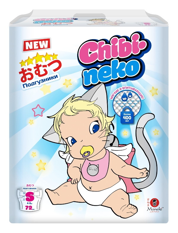Подгузники детские одноразовые Maneki Chibi-neko размер S, 4-8 кг, 72 шт.