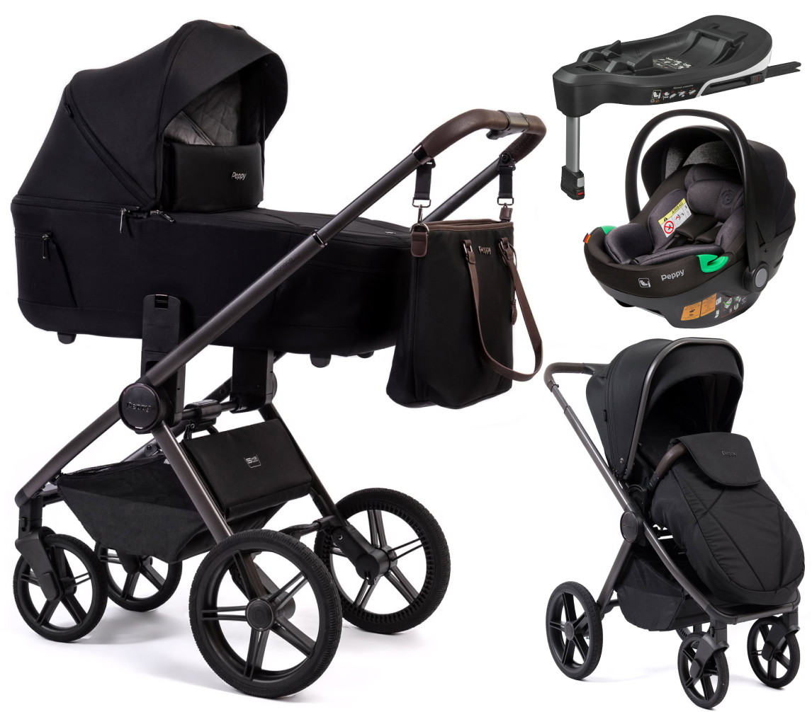Детская коляска Peppy Monaco Thermo 4 в 1 с автокреслом First и базой Black (черный), рама серо-коричневая