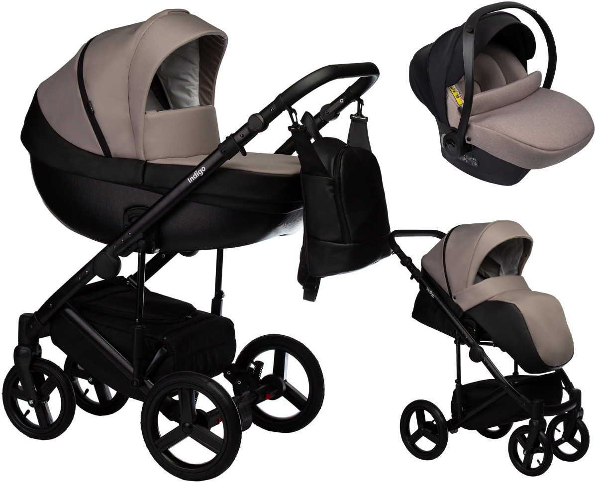 Детская коляска Indigo Tour Eco 3 в 1 с автокреслом Avionaut Cosmo Beige Te09 черная кожа+серо-бежевый
