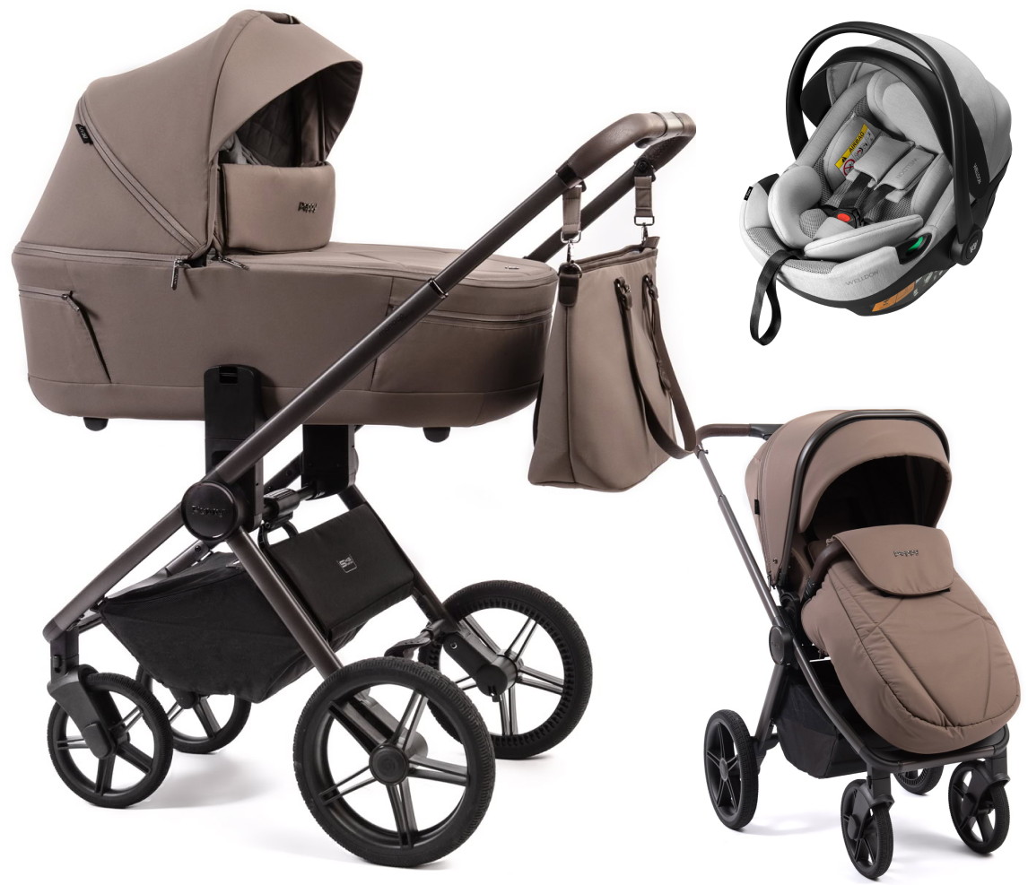 Детская коляска Peppy Monaco Thermo 3 в 1 с автокреслом Welldon Crown 2 Grey Mocca (кофе), рама серо-коричневая