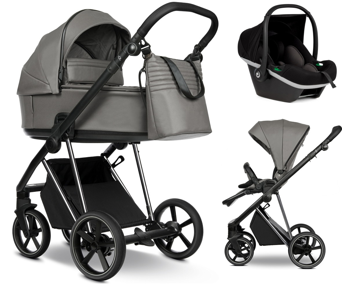 Детская коляска Roan Sol Vintage Luxury Leather 2.0 3 в 1 с автокреслом Tutis Elo Black VEGA88DB Glacier Gray/Nickel/руч.Black
