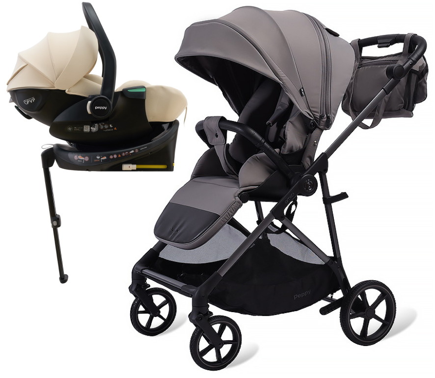 Прогулочная коляска Peppy Amici с автокреслом Jet Beige и базой Grey серый, рама серая