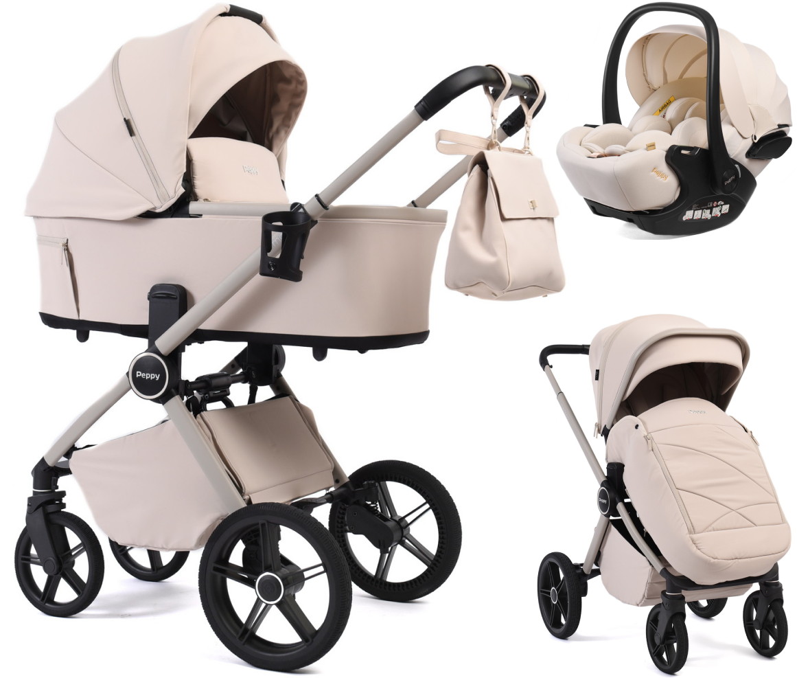 Детская коляска Peppy Monaco Plus 3 в 1 с автокреслом Verona Beige Cream (кремовый), рама бежевая