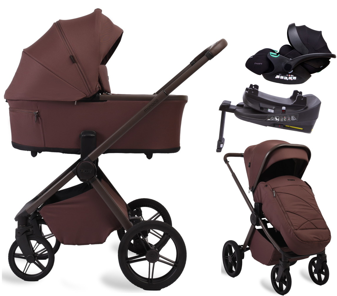 Детская коляска Peppy Monaco Plus 4 в 1 с автокреслом Verona Black и базой Burgundy (винный), рама коричневая
