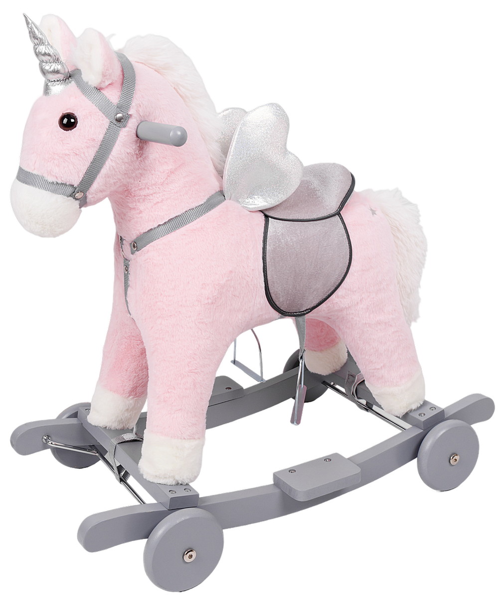 Лошадка каталка-качалка Amarobaby Juno, на колесах розовый/серый