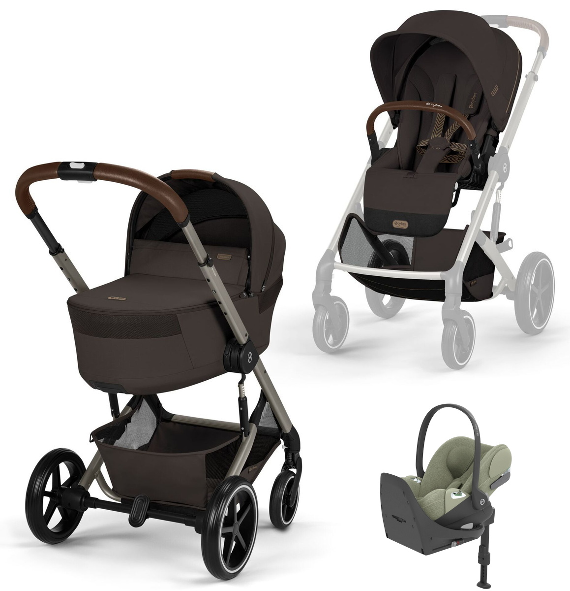 Коляска Cybex Balios S Lux Fold Cot TPE Cloud T Sage Green Plus Base T 4 в 1 Chocolate Brown с дождевиками