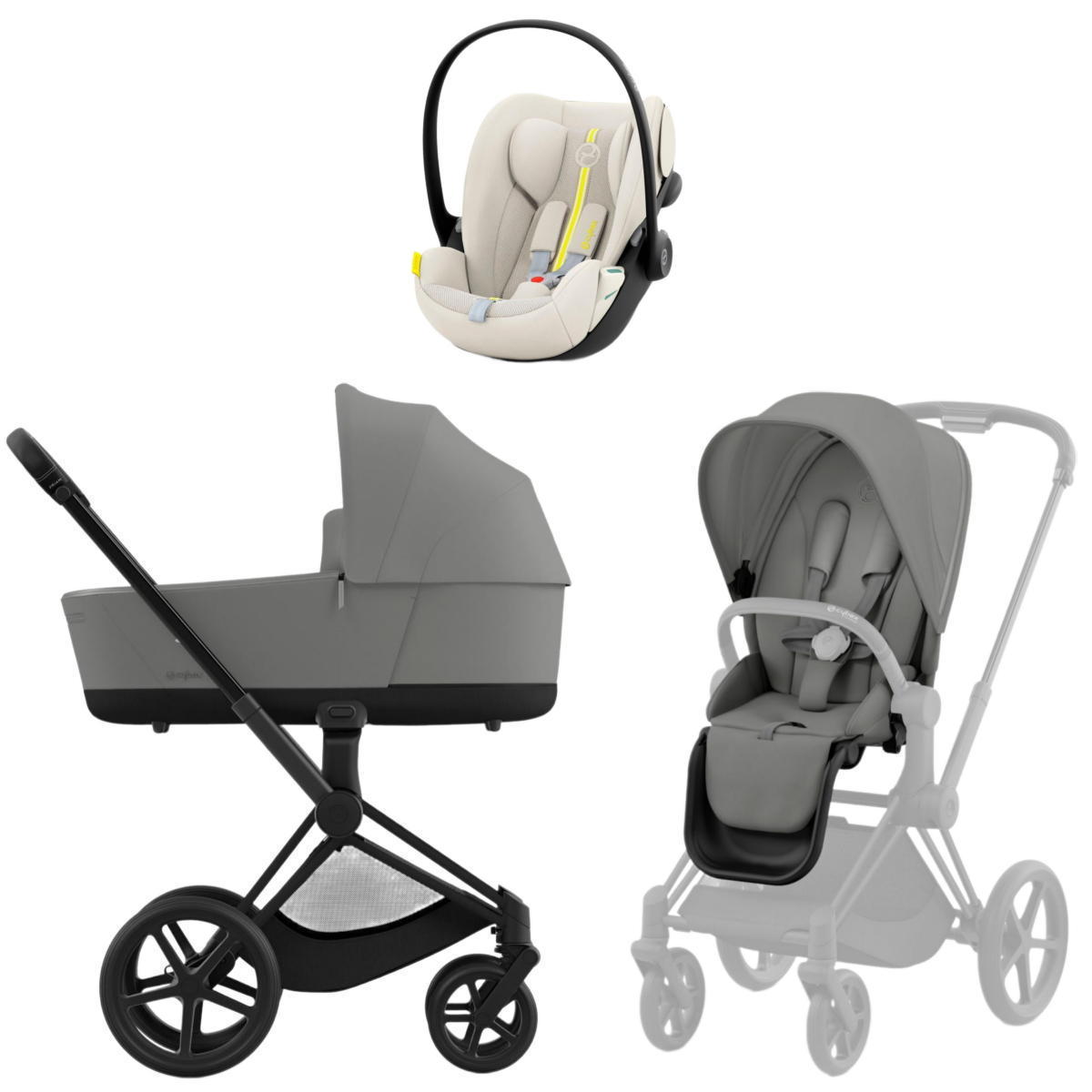 Коляска Cybex Priam IV Matt Black complete и автокресло Cloud G i-Size Seashell Beige Plus 3 в 1 Mirage Grey