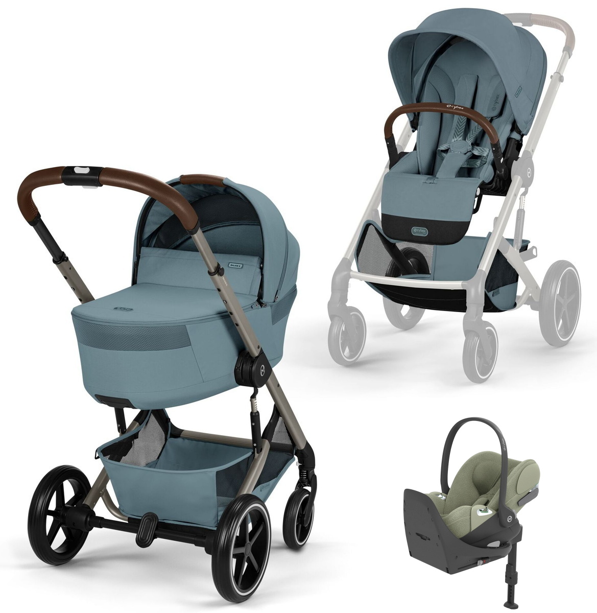 Коляска Cybex Balios S Lux Fold Cot TPE Cloud T Sage Green Plus Base T 4 в 1 Stormy Blue с дождевиками