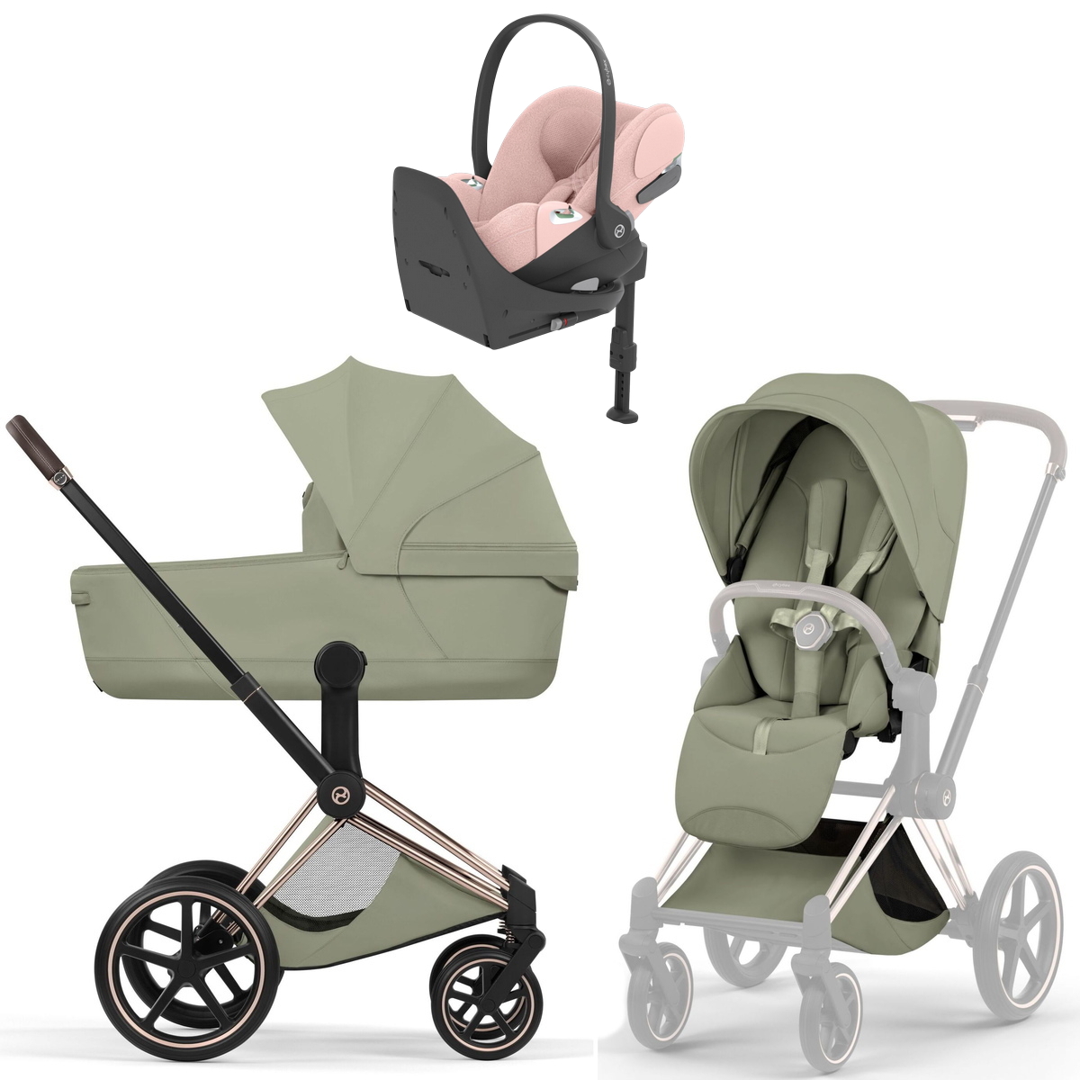 Коляска Cybex Priam V Rosegold Style Cloud T Peach Pink Plus Base T 4 в 1 Sage Green