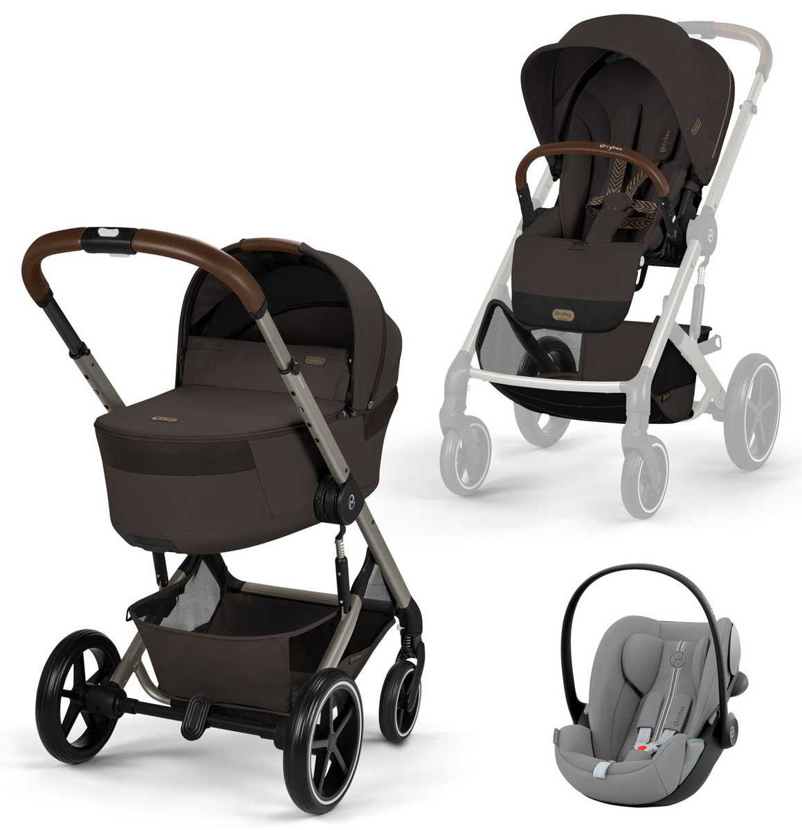 Коляска Cybex Balios S Lux Fold Cot TPE Cloud G3 Stone Grey Plus 3 в 1 Chocolate Brown с дождевиками