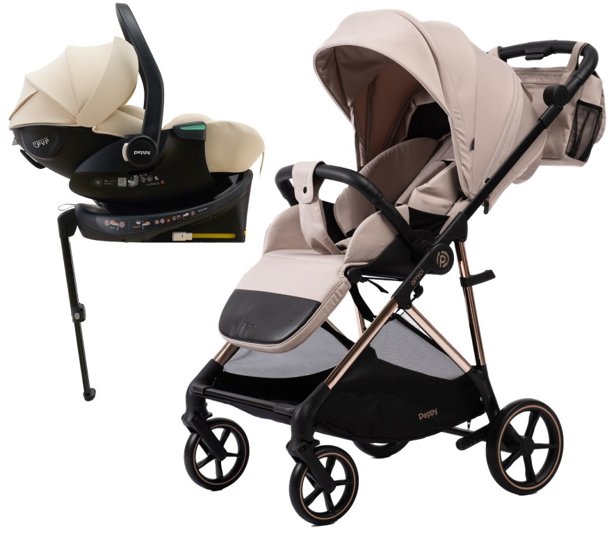 Прогулочная коляска Peppy Amici с автокреслом Jet Beige и базой Beige рама Gold