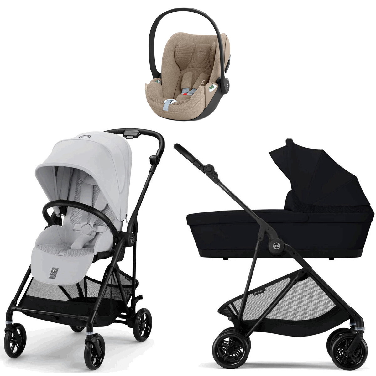 Коляска Cybex Melio Carbon Cloud T i-Size Cozy Beige Plus 3 в 1 Fog Grey/Magic Black с дождевиками