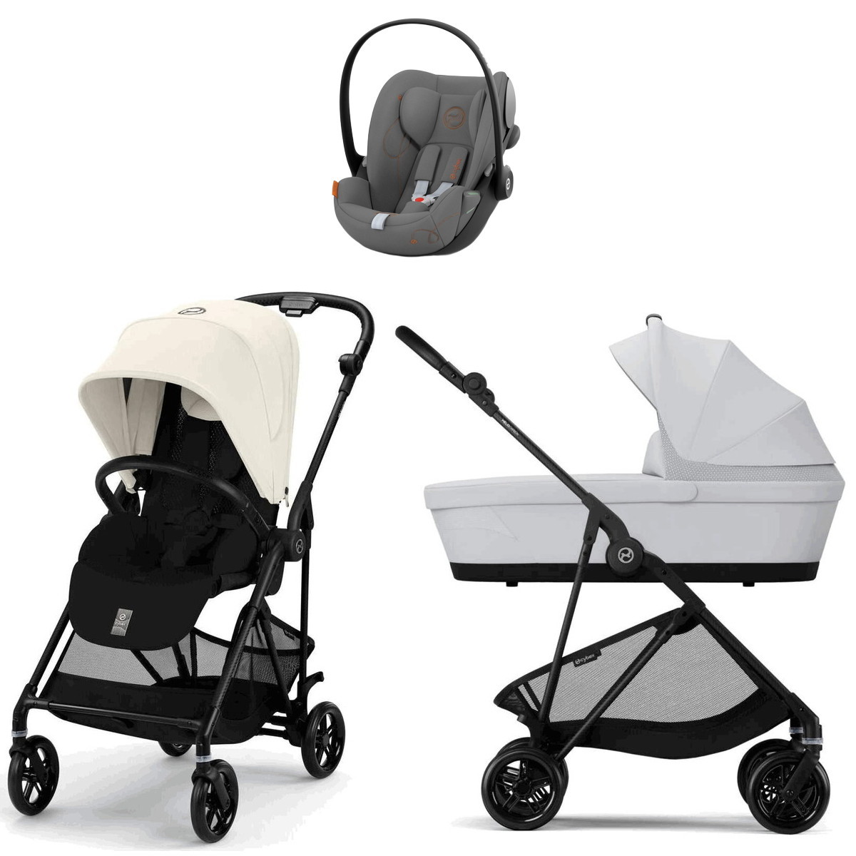 Коляска Cybex Melio Carbon Cloud G i-Size Lava Grey 3 в 1 Canvas White с дождевиком/Fog Grey