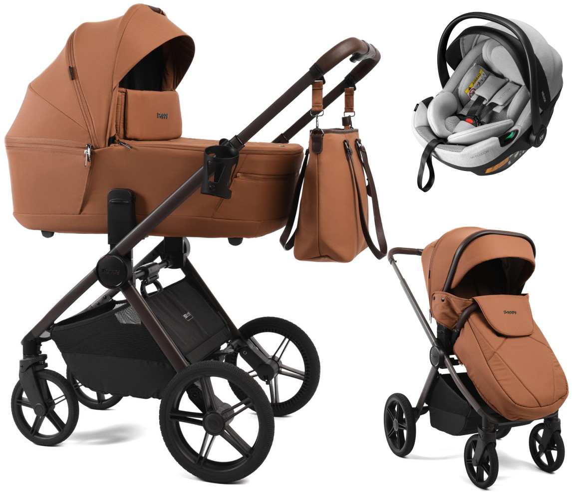 Детская коляска Peppy Monaco Thermo 3 в 1 с автокреслом Welldon Crown 2 Grey Biscuit (бисквит), рама серо-коричневая