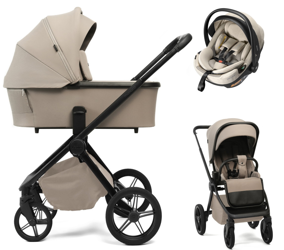 Детская коляска Peppy Monaco Plus 3 в 1 с автокреслом Welldon Crown 2 Beige Sandstone (песочный), рама черная