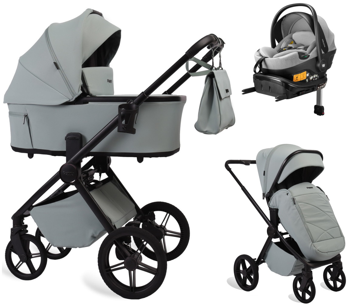Детская коляска Peppy Monaco Plus 4 в 1 с автокреслом Welldon Crown 2 Grey и базой Mint (мятный), рама черная