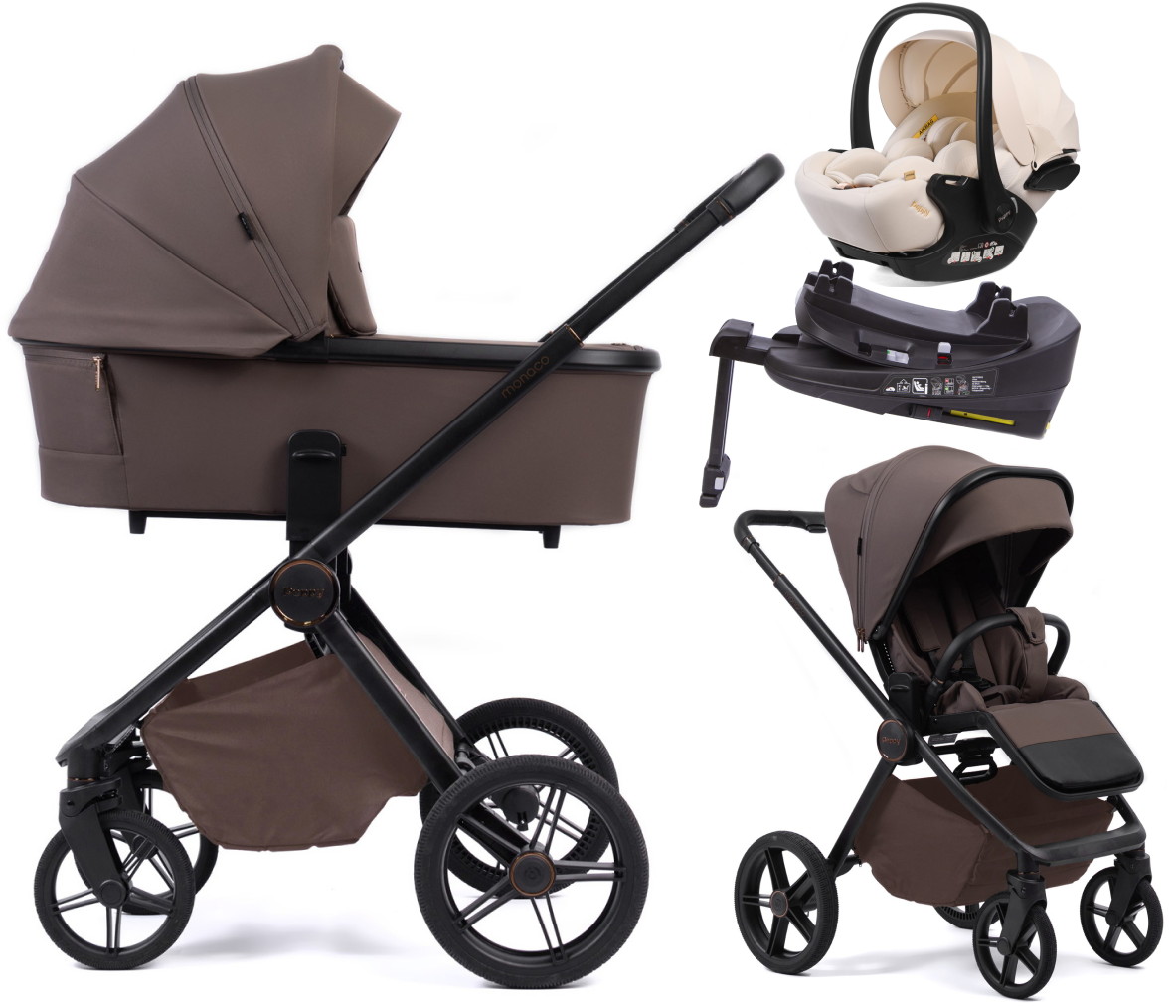 Детская коляска Peppy Monaco Plus 4 в 1 с автокреслом Verona Beige и базой Brownie (коричневый), рама черная