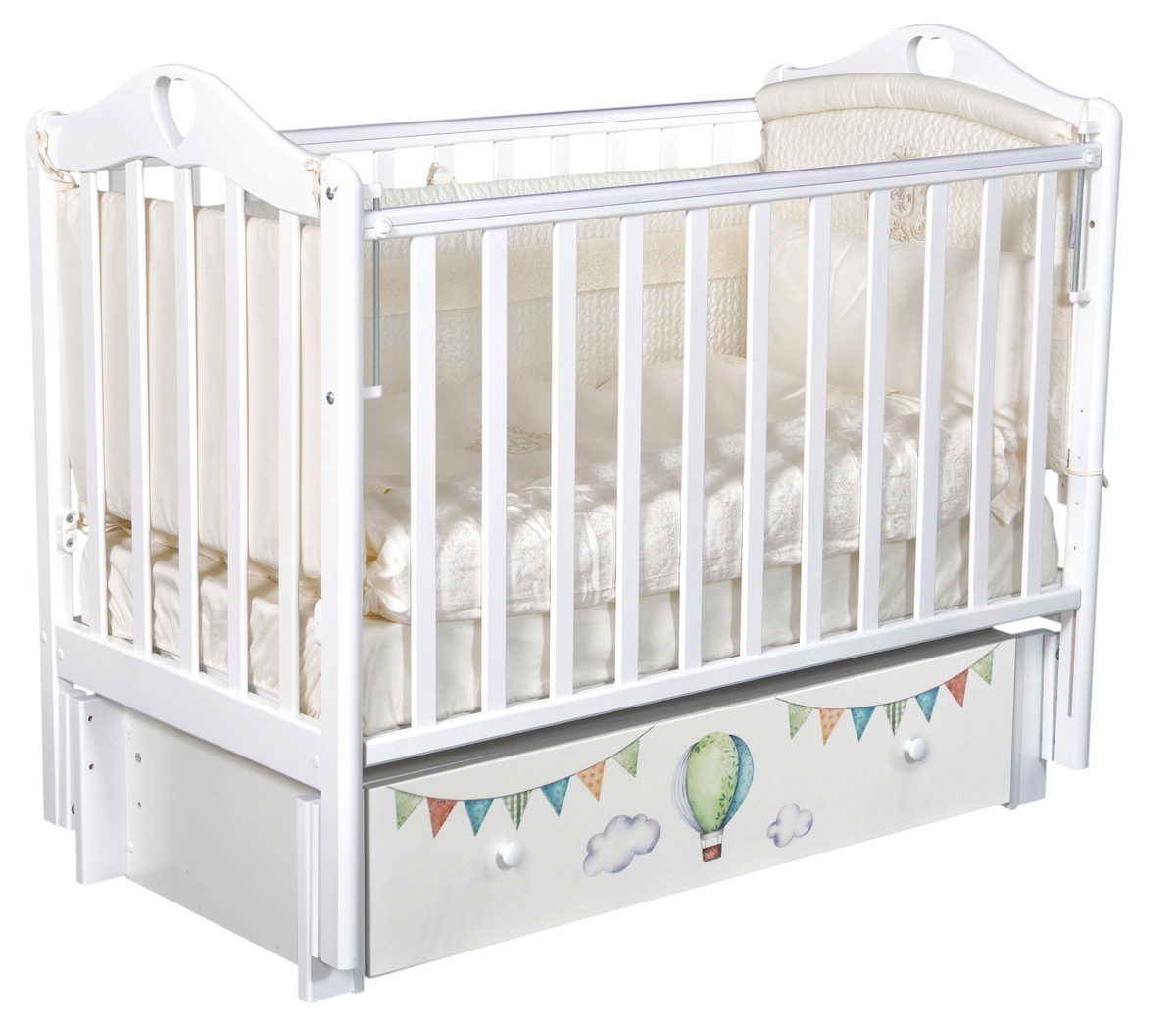 Детская кроватка ByTwinz Estelle Путешествие на воздушном шаре маятник белый