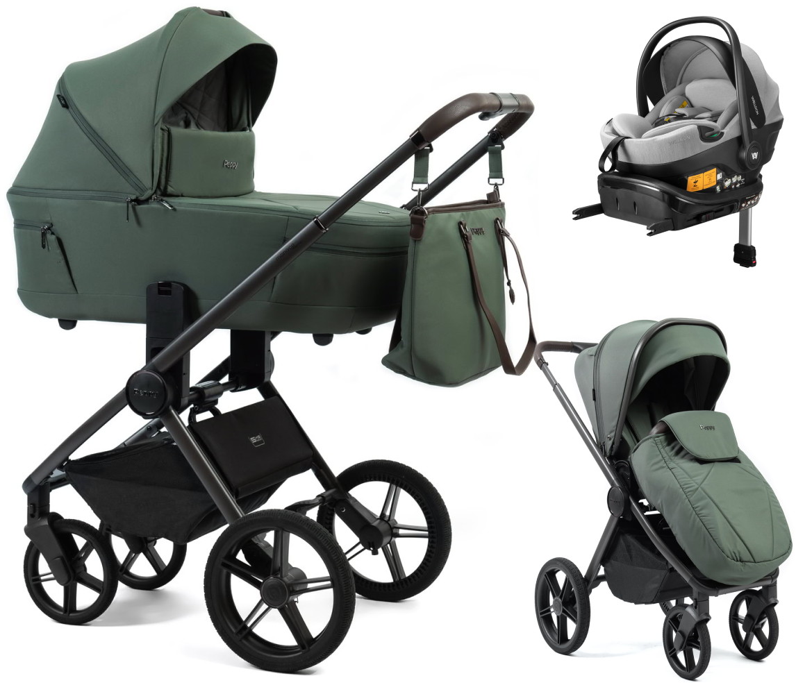 Детская коляска Peppy Monaco Thermo 4 в 1 с автокреслом Welldon Crown 2 Grey и базой Green (зеленый), рама серо-коричневая