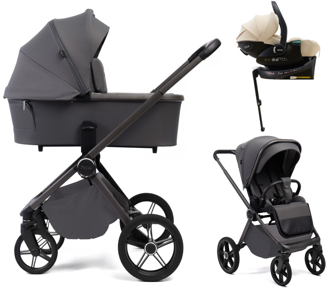 Детская коляска Peppy Monaco Plus 4 в 1 с автокреслом Jet Beige и базой Antrazit (графитовый), рама серая