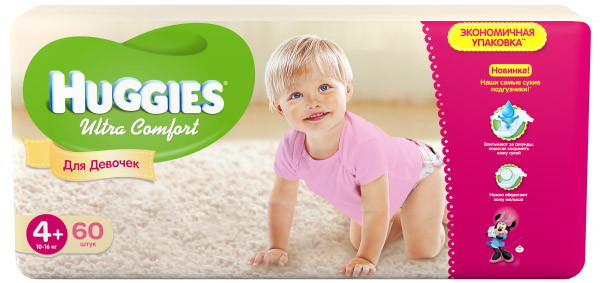 Подгузники Huggies Ultra Comfort (4+) мега для девочки 10-16 кг 60 шт