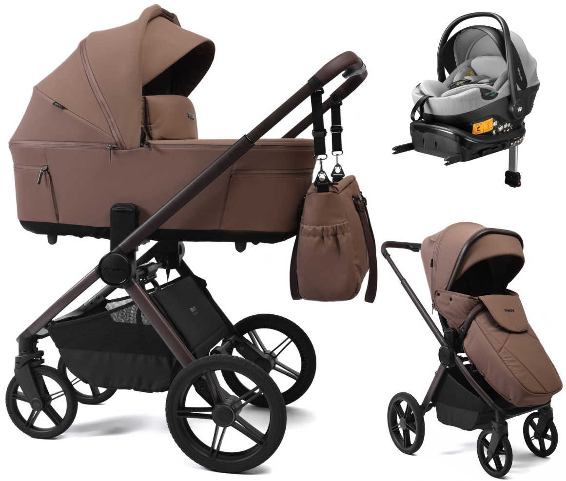 Детская коляска Peppy Soho 4 в 1 с автокреслом Welldon Crown 2 Grey и базой Cappuccino (капучино) рама шоколад