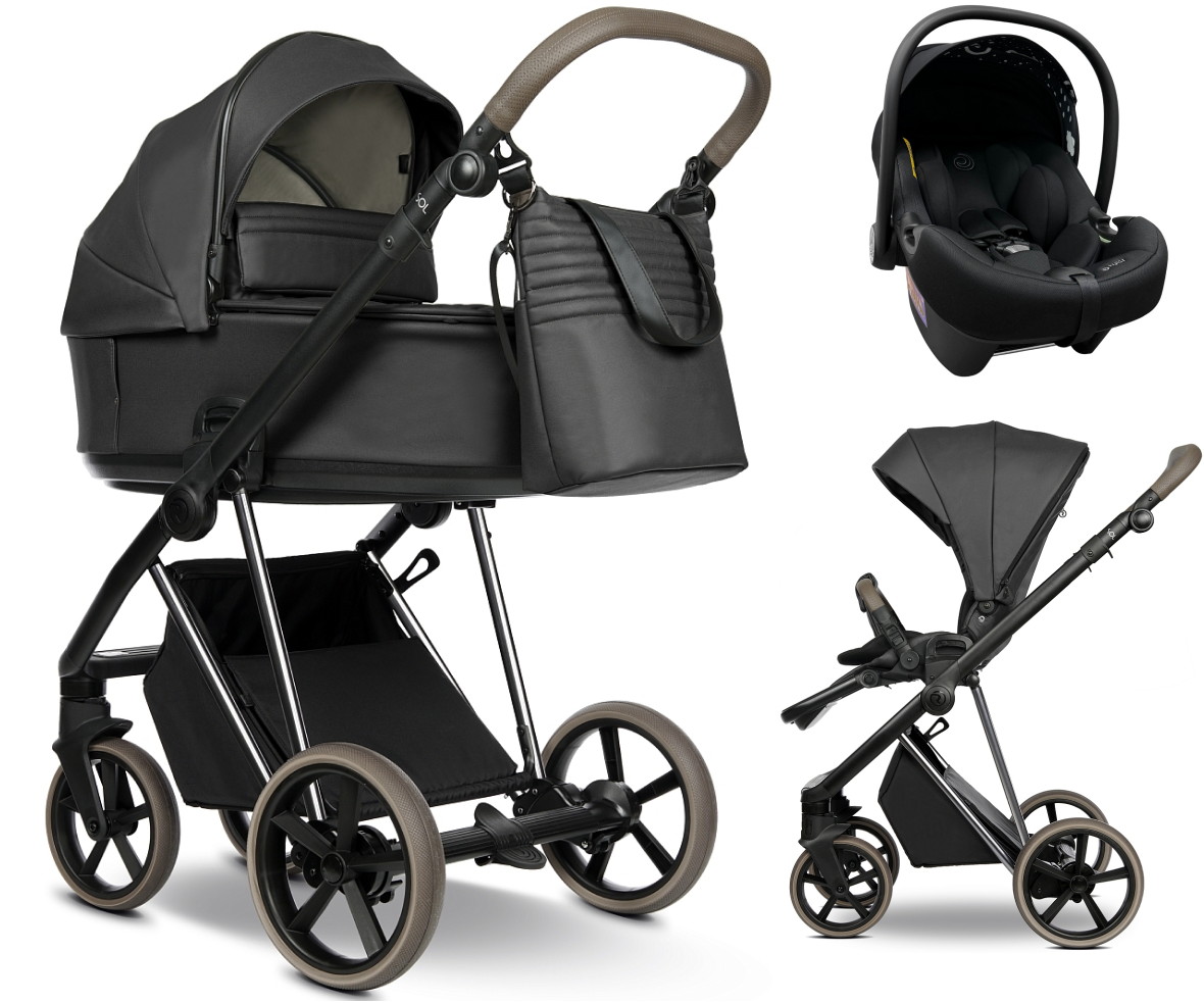 Детская коляска Roan Sol Vintage Luxury Leather 3 в 1 с автокреслом Tutis Elo Lux EduSky Black VEGA99DB Woodland Gray/Nickel/руч.Cappuccino