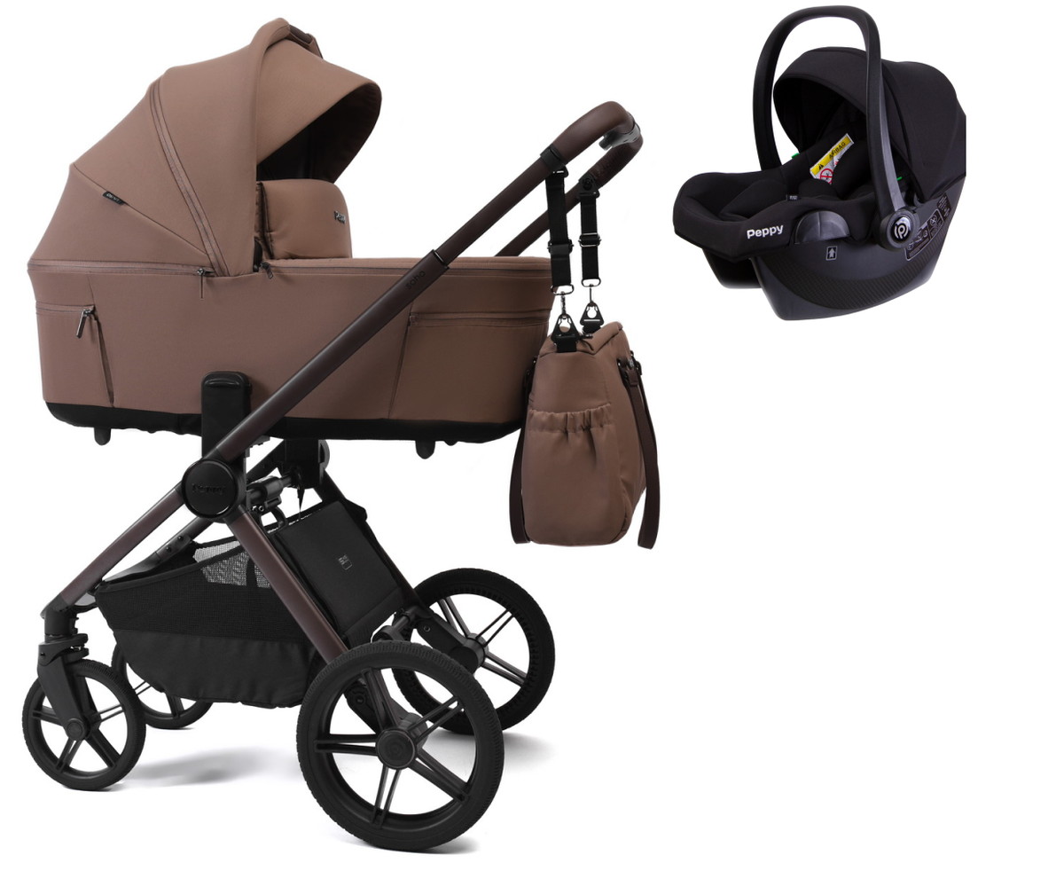 Детская коляска Peppy Soho 3 в 1 с автокреслом Rise Black Cappuccino (капучино) рама шоколад