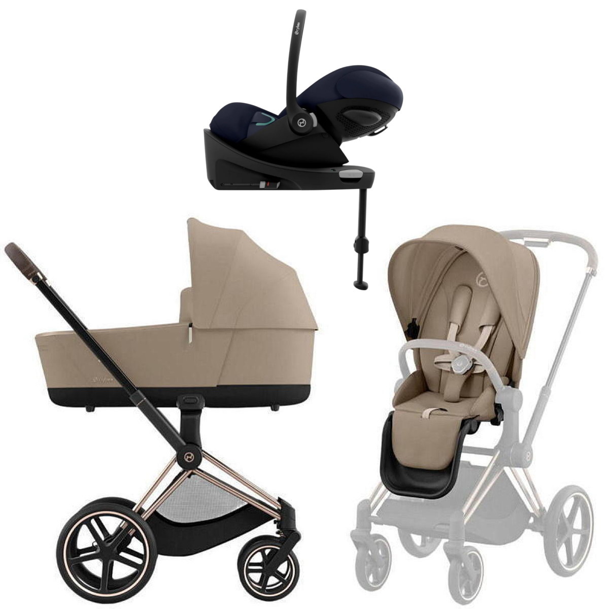Коляска Cybex Priam IV Rosegold complete Cloud G Ocean Blue Plus Base G3 4 в 1 Cozy Beige