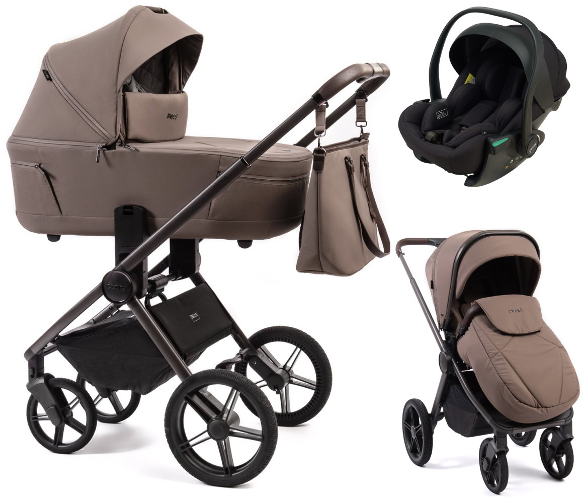 Детская коляска Peppy Monaco Thermo 3 в 1 с автокреслом Jet Black Mocca (кофе), рама серо-коричневая