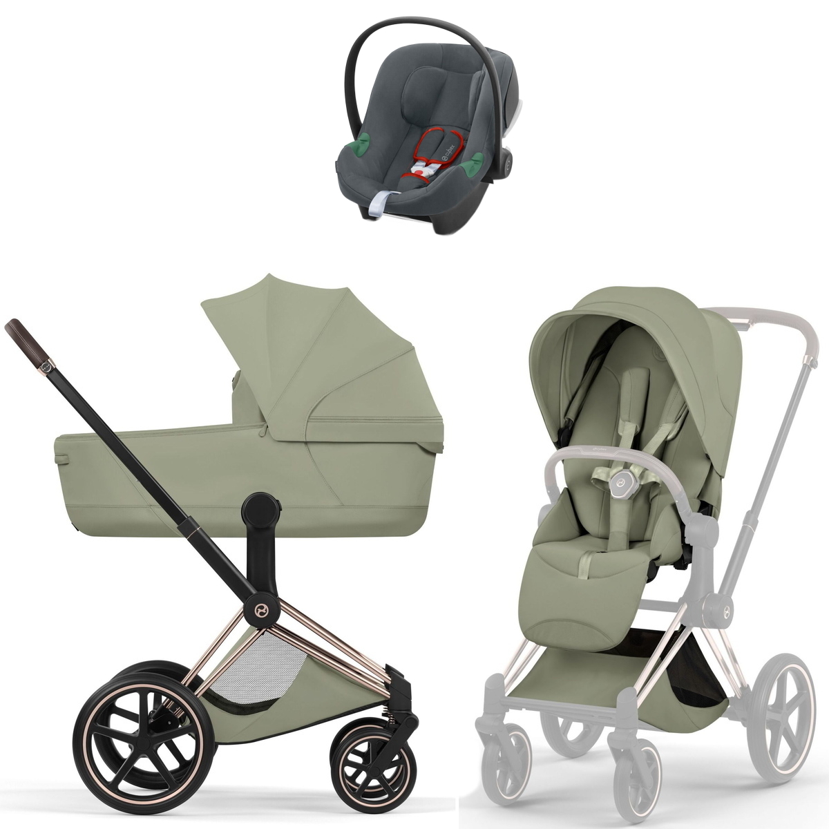 Коляска Cybex Priam V Rosegold Style Aton B2 Steel Grey 3 в 1 Sage Green