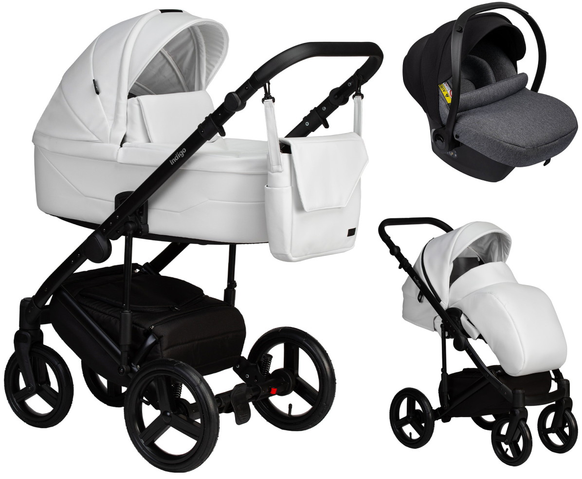 Детская коляска Indigo Lamar 3 в 1 с автокреслом Avionaut Cosmo Grey La01 белая кожа