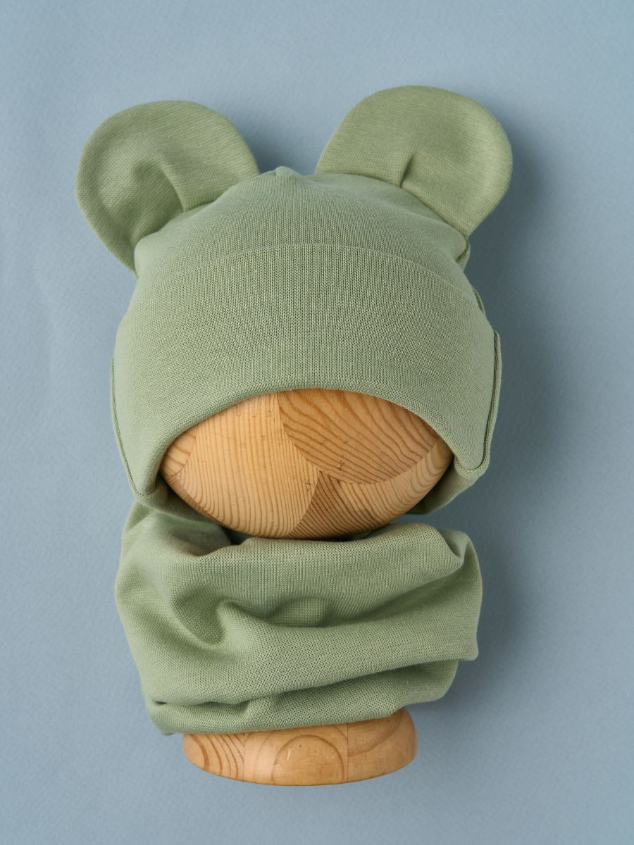 Шапка-котелок и снуд Little Star Мишка рибана начес 80932 фисташковый 36