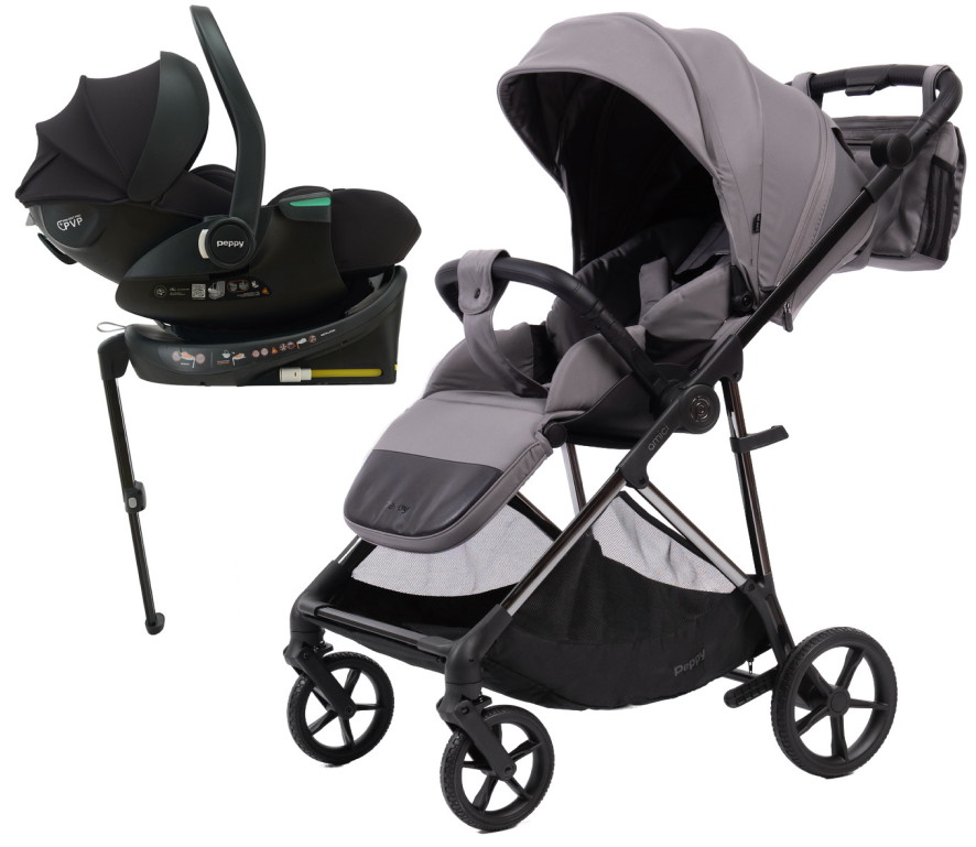 Прогулочная коляска Peppy Amici с автокреслом Jet Black и базой Grey рама Black Chrome