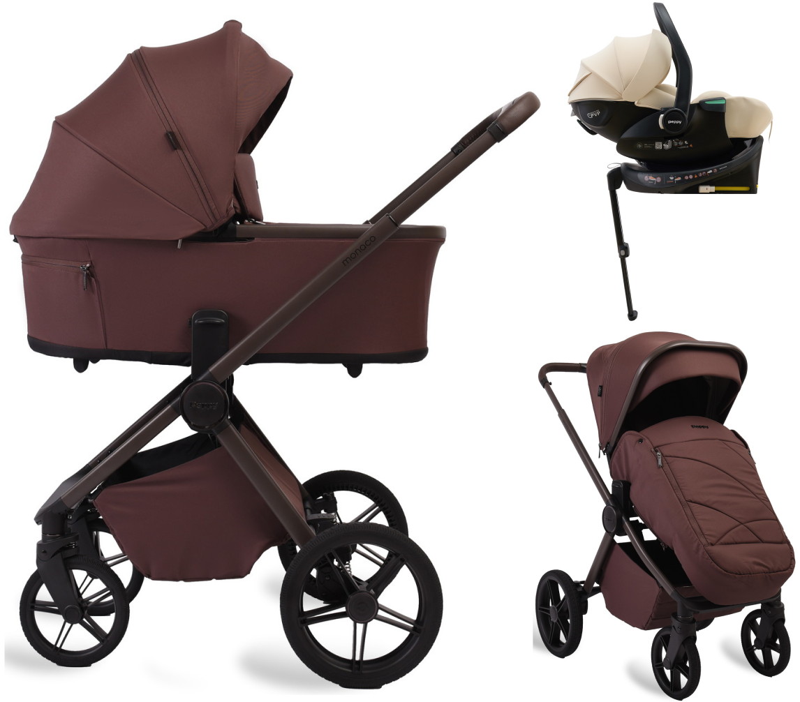 Детская коляска Peppy Monaco Plus 4 в 1 с автокреслом Jet Beige и базой Burgundy (винный), рама коричневая
