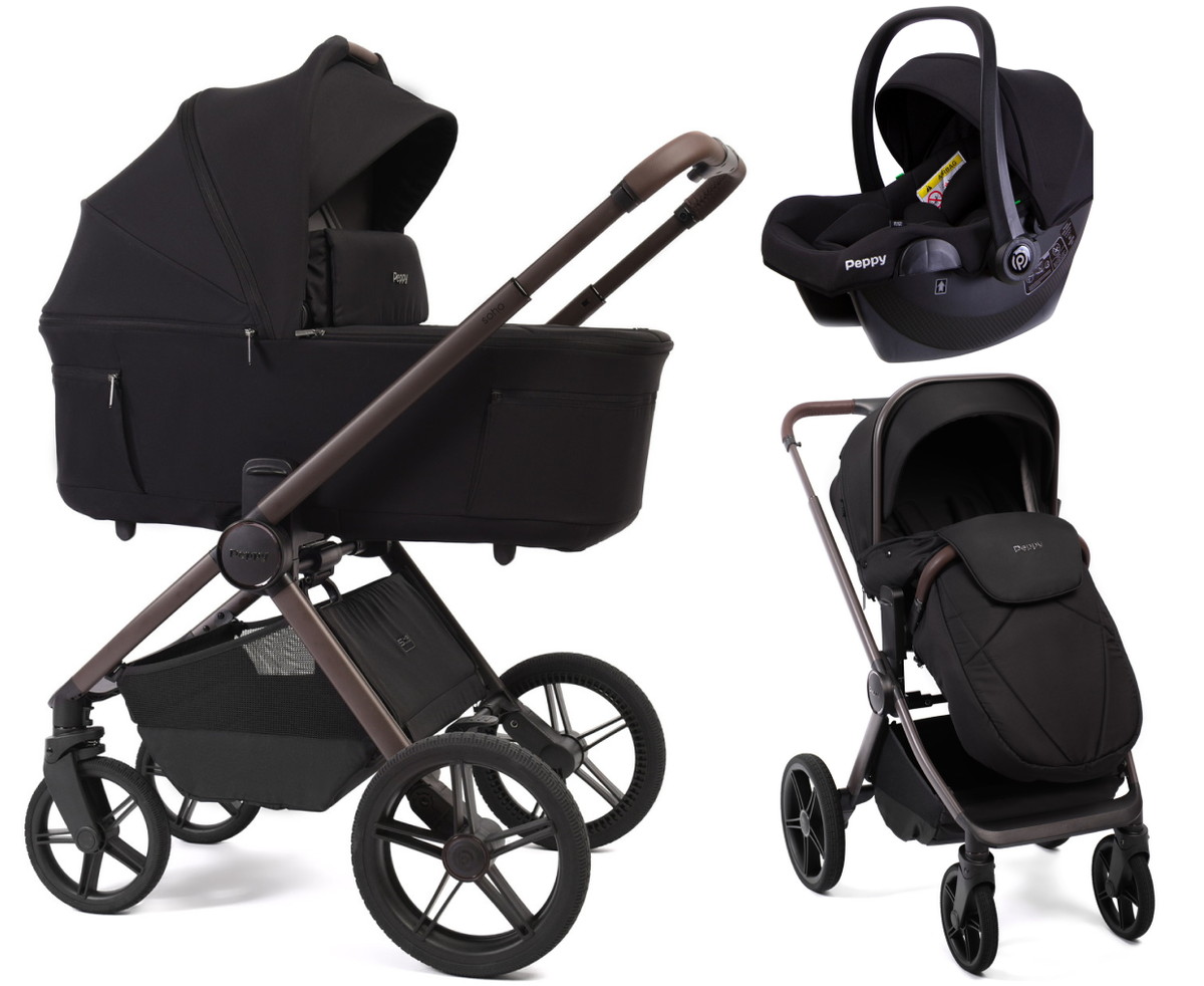 Детская коляска Peppy Soho 3 в 1 с автокреслом Rise Black Black (черный) рама шоколад