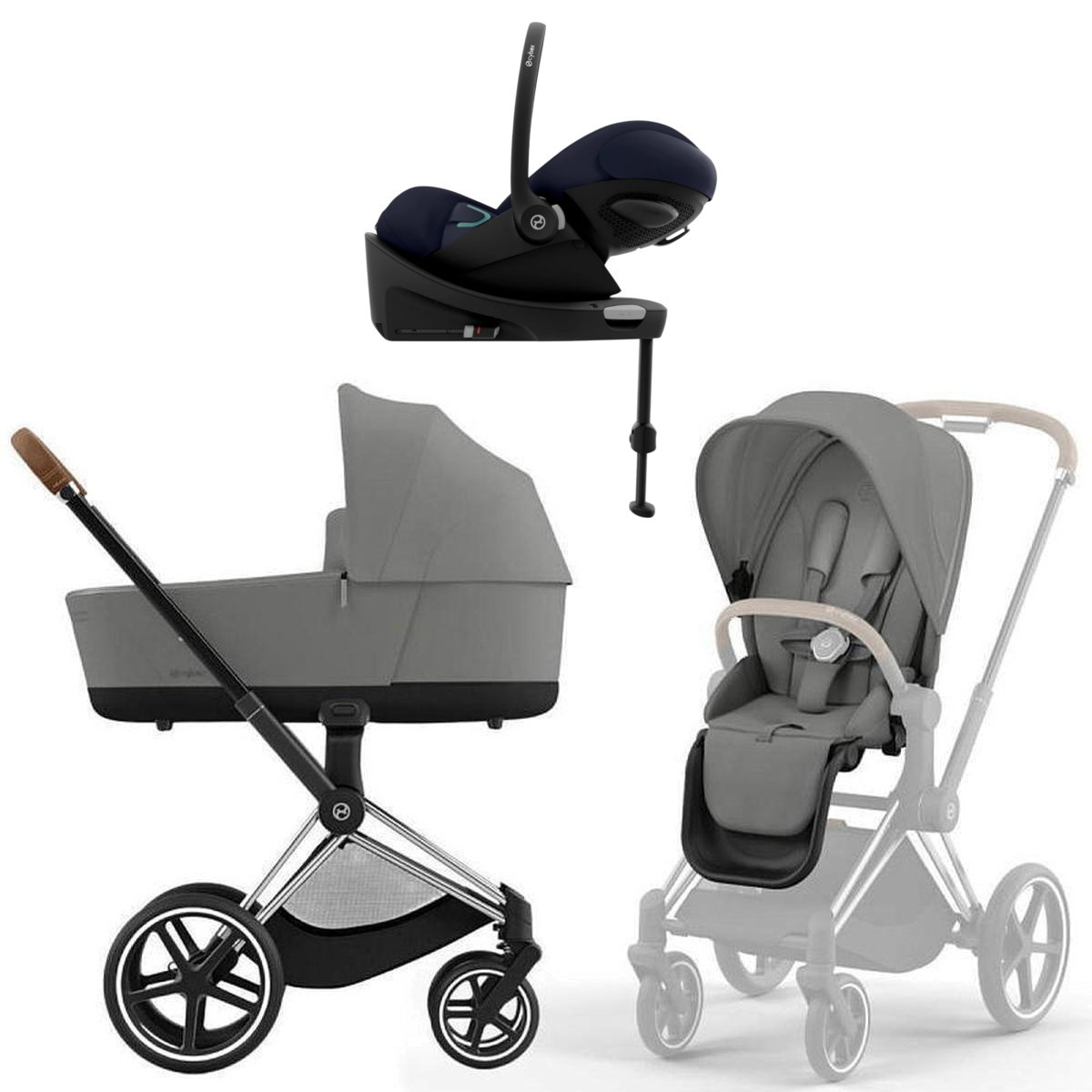 Коляска Cybex Priam IV Chrome Brown complete Cloud G Ocean Blue Plus Base G 3 в 1 Mirage Grey