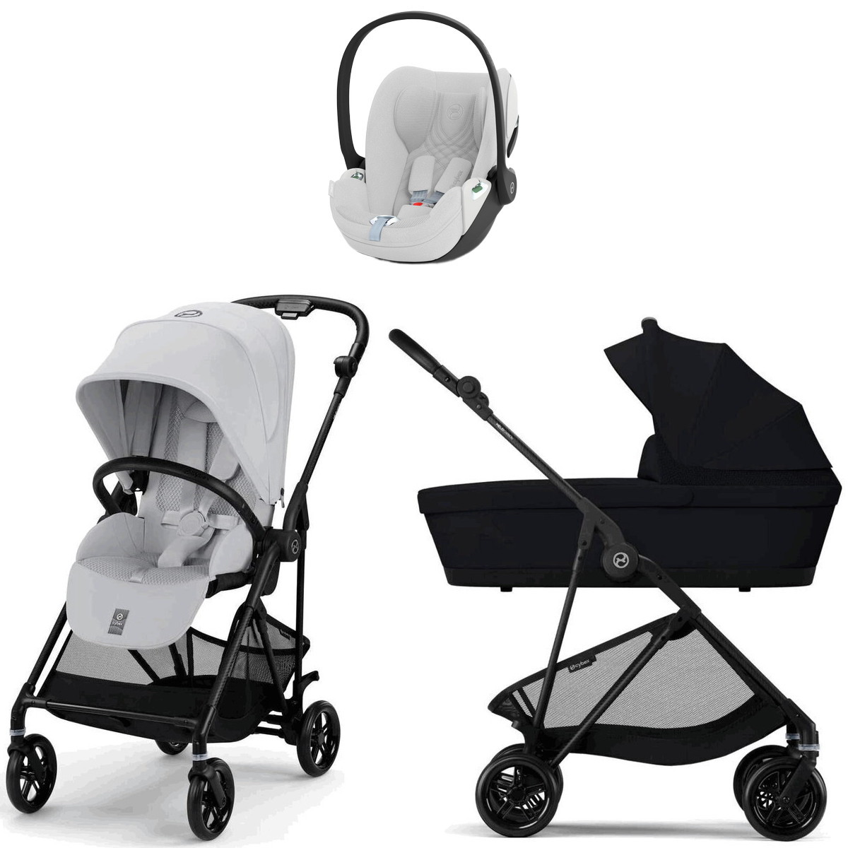Коляска Cybex Melio Carbon Cloud T i-Size Platinum White Plus 3 в 1 Fog Grey/Magic Black с дождевиками