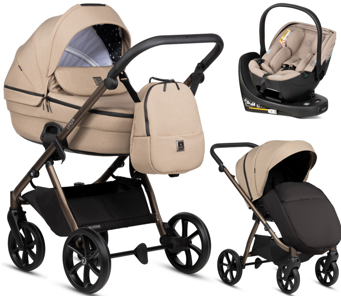 Детская коляска Tutis Uno 6 Plus Essential collection 4 в 1 с автокреслом Beno Beige и базой 1602146 Nougat с сумкой