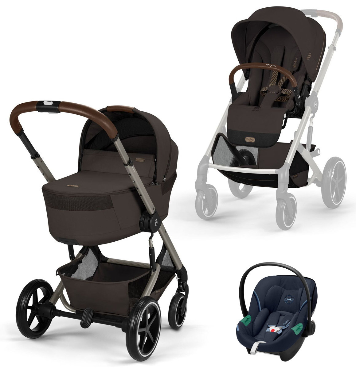 Коляска Cybex Balios S Lux Fold Cot TPE Aton S2 Ocean Blue 3 в 1 Chocolate Brown с дождевиками