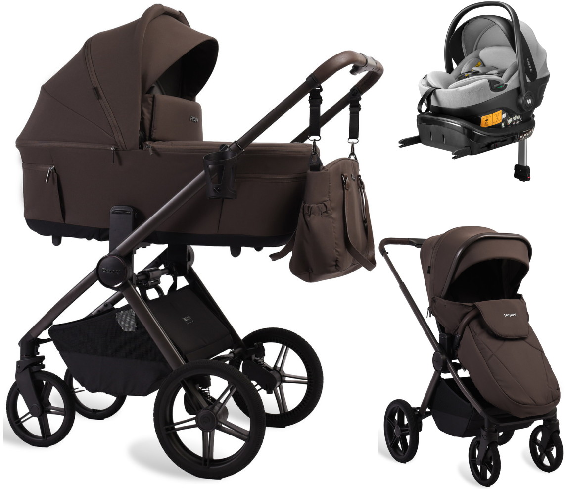 Детская коляска Peppy Soho 4 в 1 с автокреслом Welldon Crown 2 Grey и базой Brown (коричневый), рама серо-бежевый
