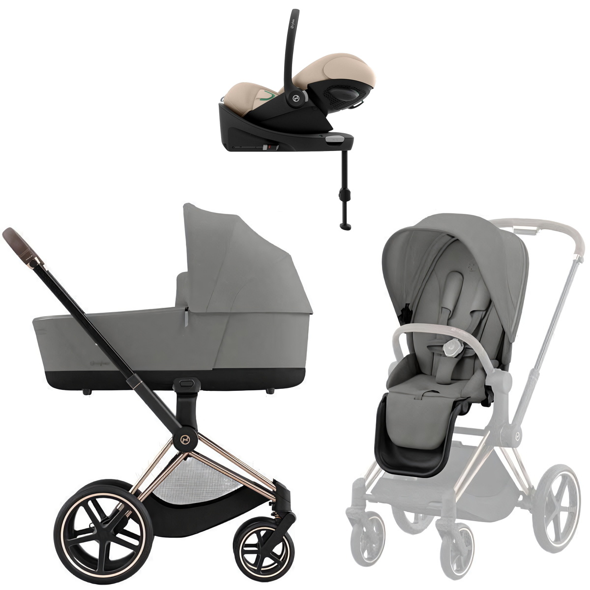 Коляска Cybex Priam IV Rosegold complete Cloud G3 Almond Beige Base G3 4 в 1 Mirage Grey