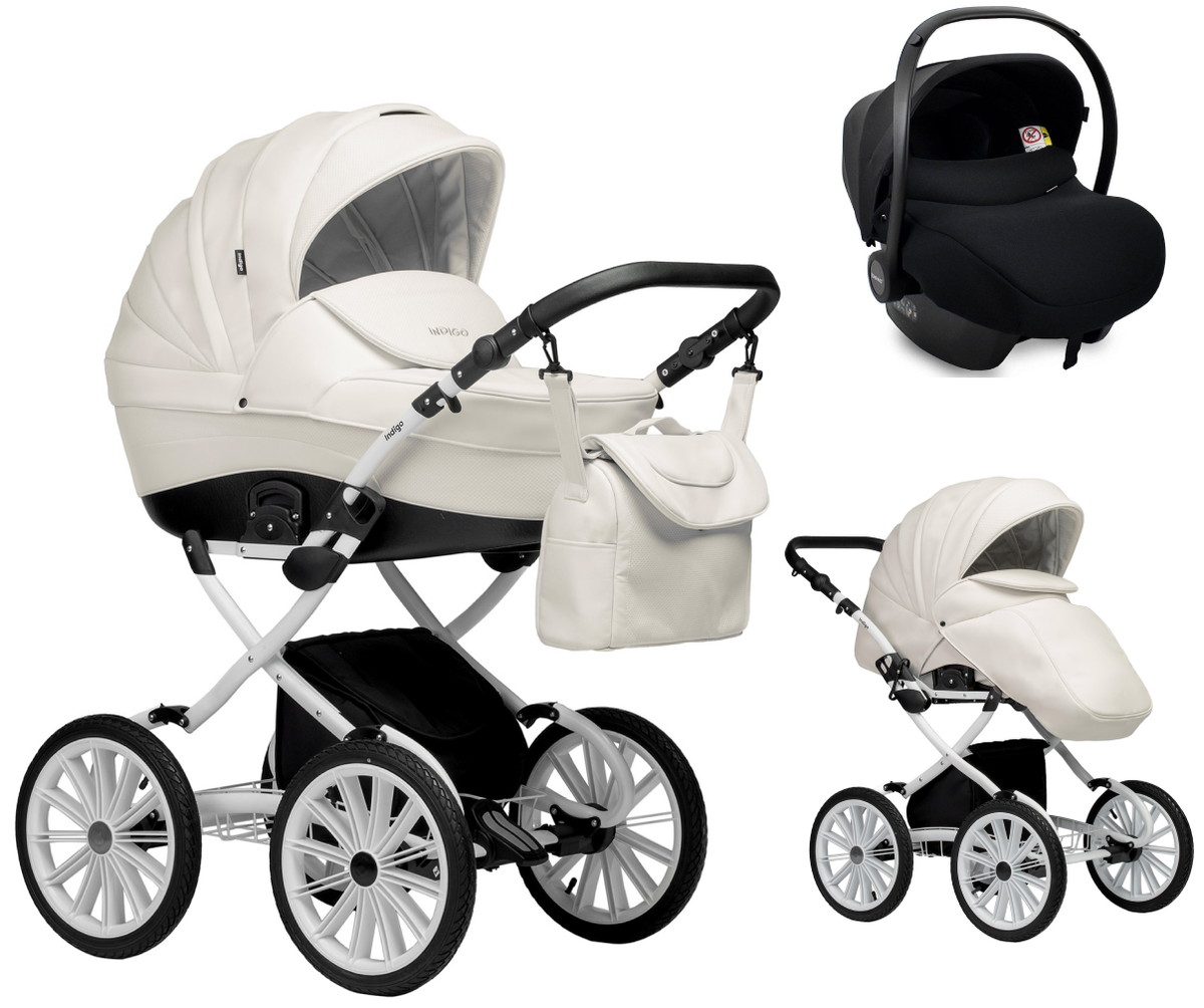 Детская коляска Indigo Special Plus 3 в 1 с автокреслом Avionaut Cosmo Black Is01 белая кожа