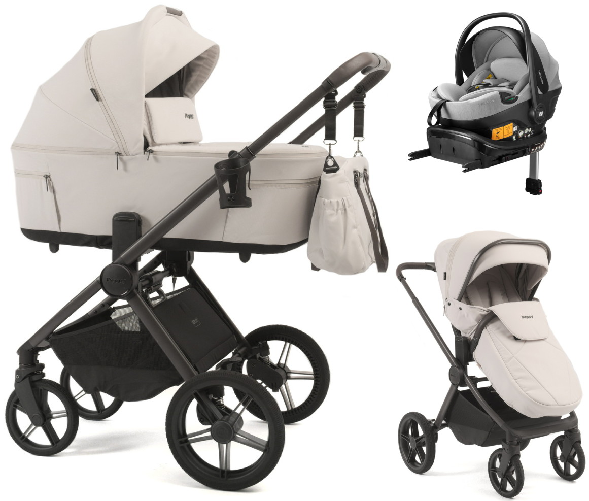 Детская коляска Peppy Soho 4 в 1 с автокреслом Welldon Crown 2 Grey и базой Taupe (бежевый), рама серо-бежевый