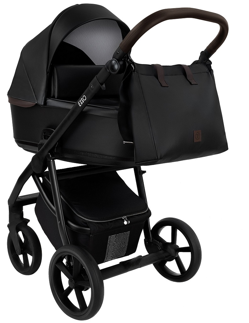 Детская коляска Roan Esso 2025 Кожа 2 в 1 ESSK/210/1 Black /Black/руч.Тем.коричневый