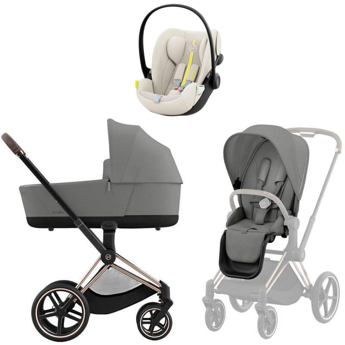 Коляска Cybex Priam IV Rosegold complete и автокресло Cloud G i-Size Seashell Beige Plus 3 в 1 Mirage Grey
