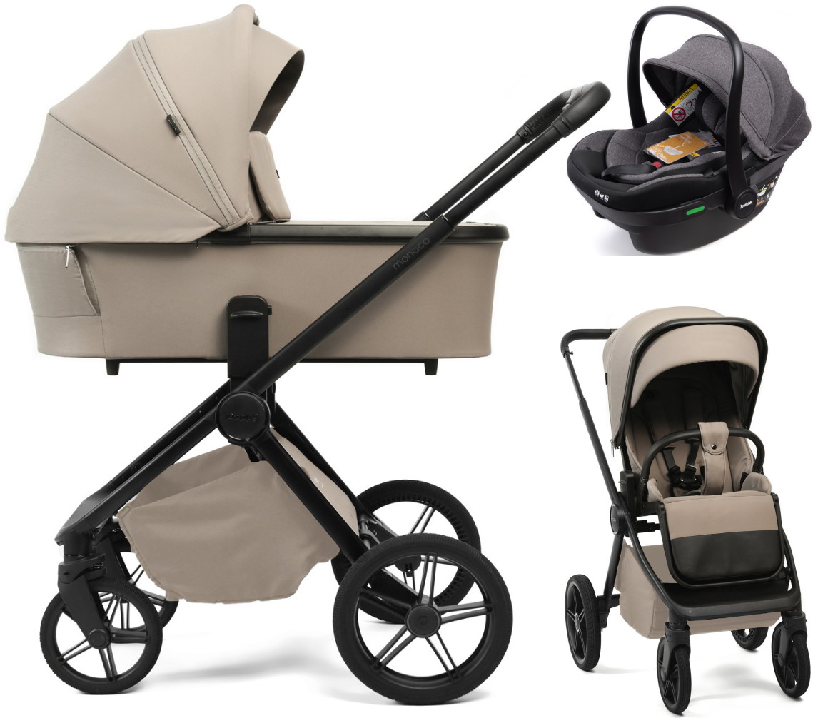 Детская коляска Peppy Monaco Plus 3 в 1 с автокреслом Jovikids Aria Black Sandstone (песочный), рама черная