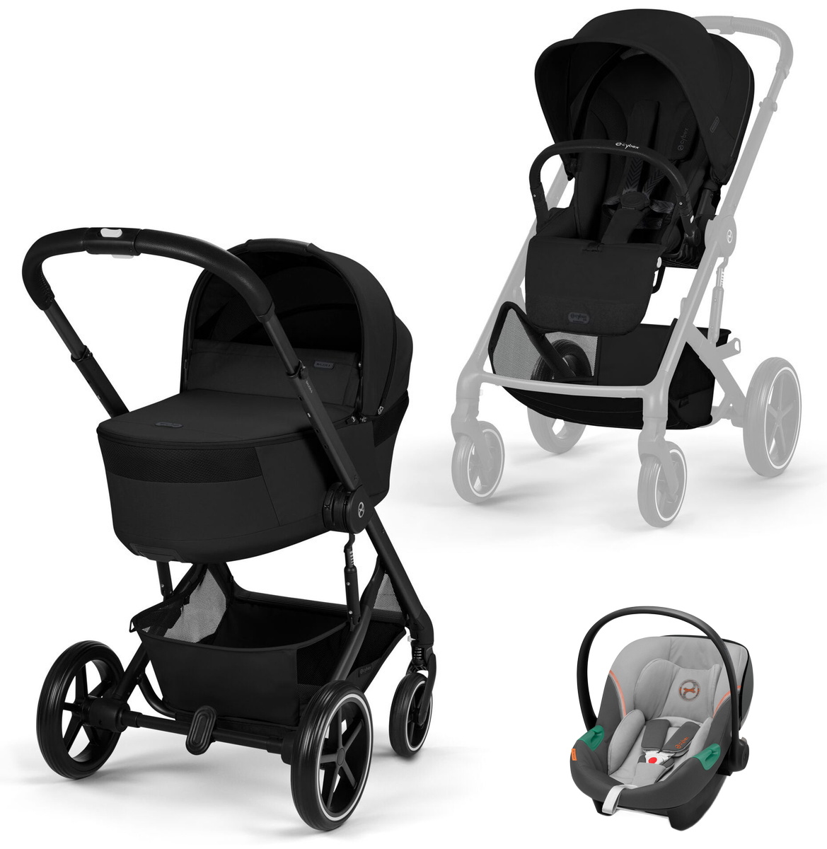 Коляска Cybex Balios S Lux Fold Cot BLK Aton S2 Lava Grey 3 в 1 Moon Black с дождевиками