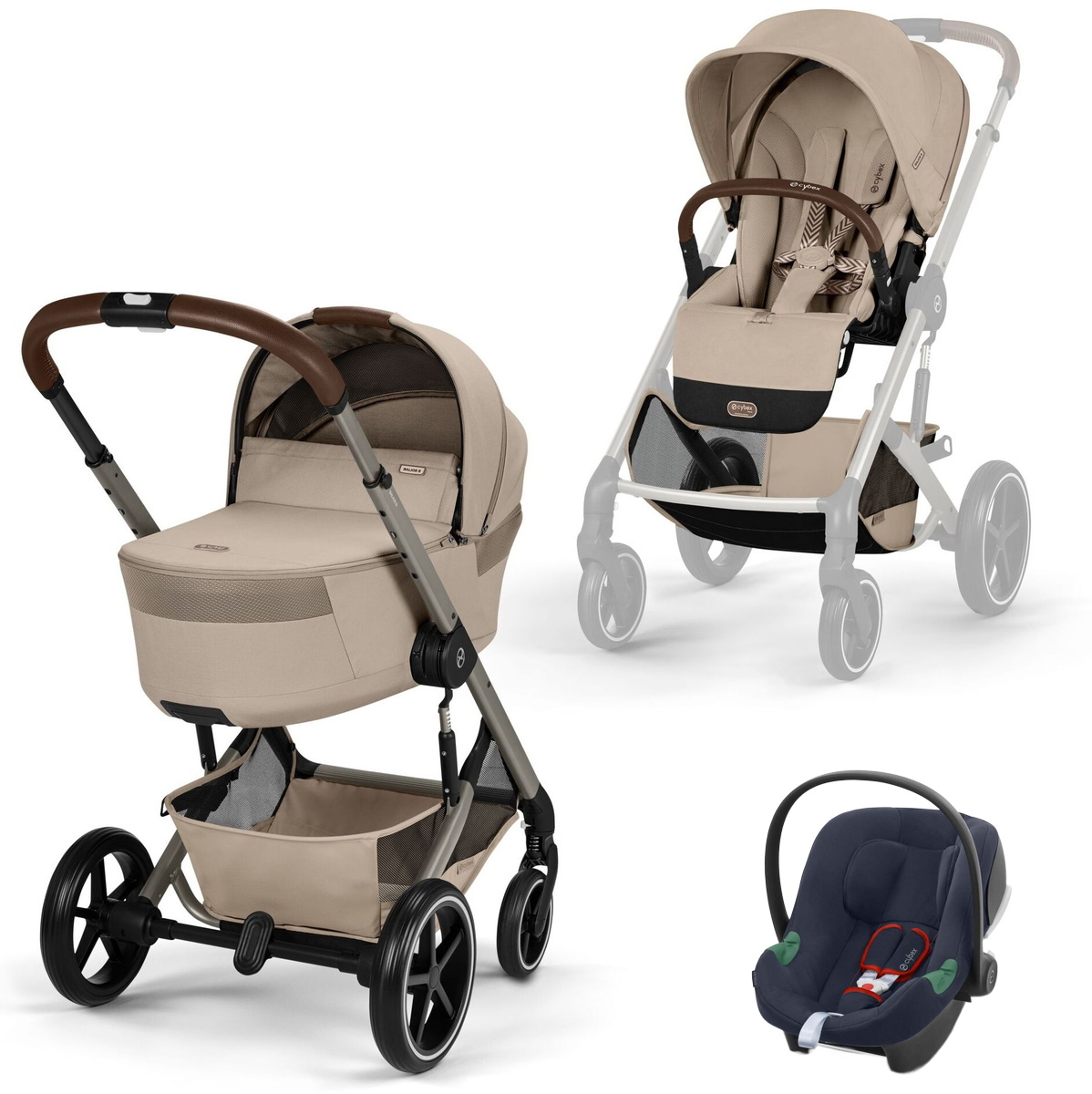 Коляска Cybex Balios S Lux Fold Cot TPE Aton B2 Bay Blue 3 в 1 Almond Beige с дождевиками